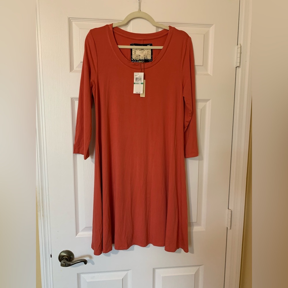 NWT Cupio Orange 3/4 Sleeve Scoop Neck‎ Midi Dress Size Large Casual Minimalist